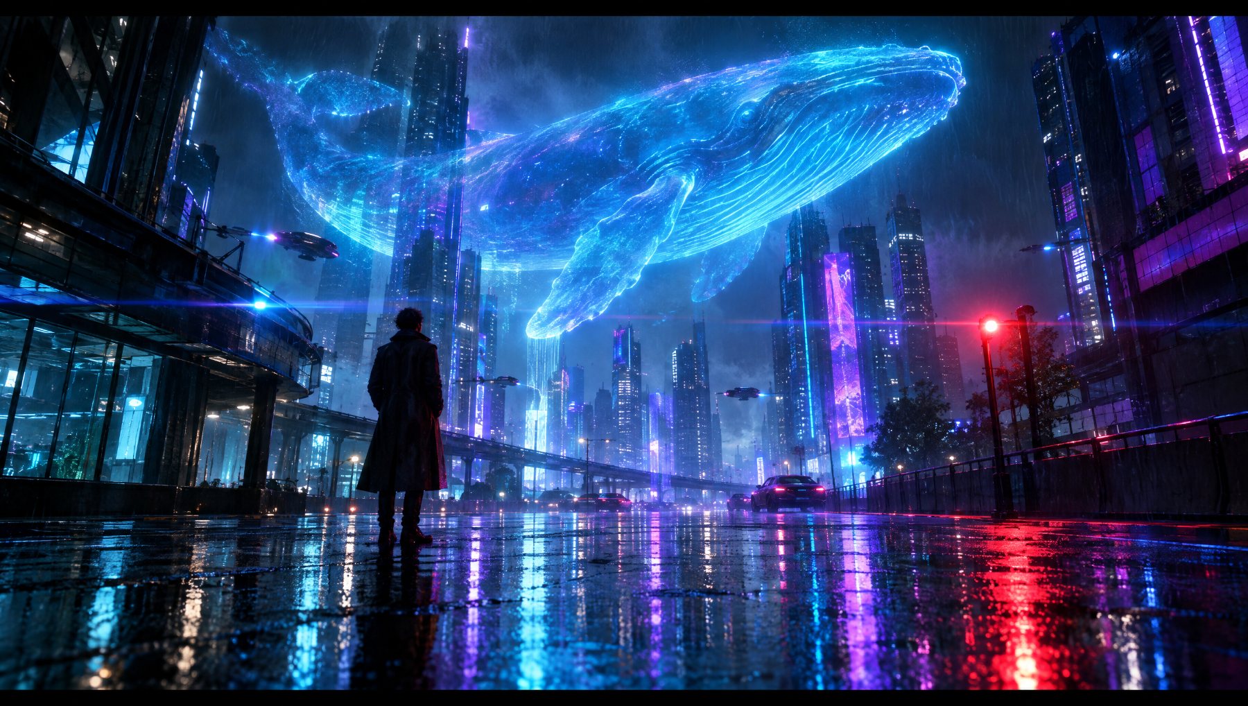 Still from an AI film: a figure on a neon, rain-soaked street under a glowing holographic whale
