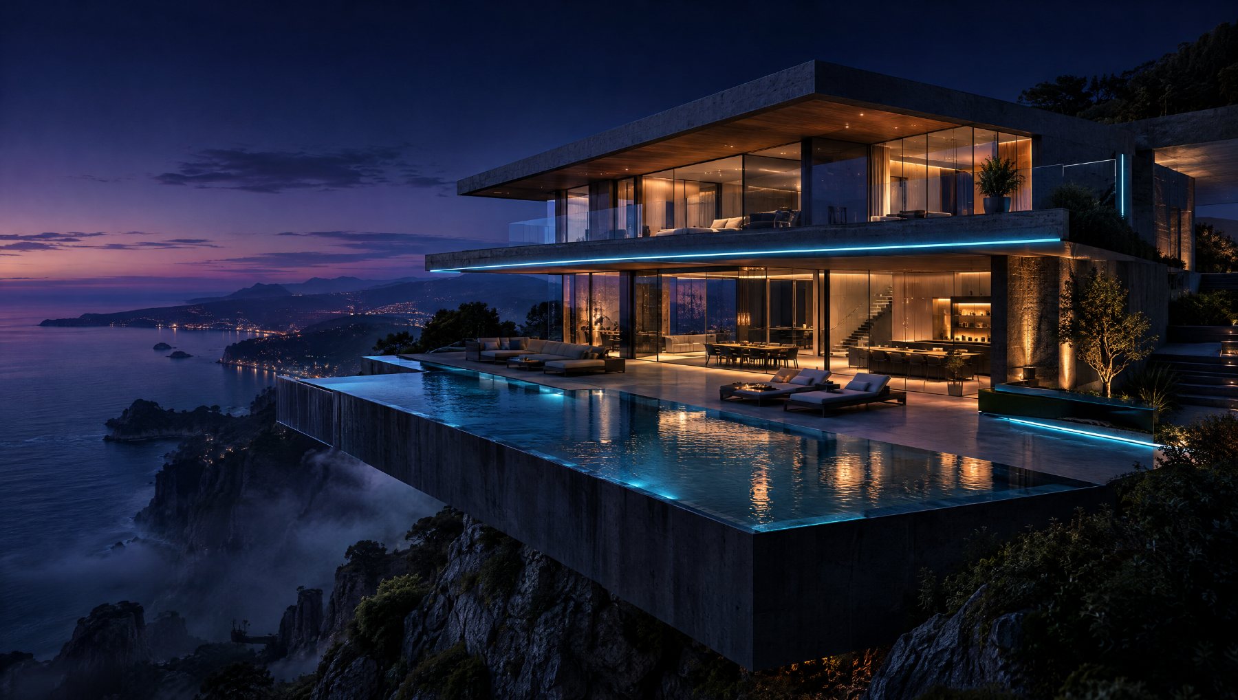 Cinematic 3D render of a cliffside glass villa with an infinity pool at blue hour
