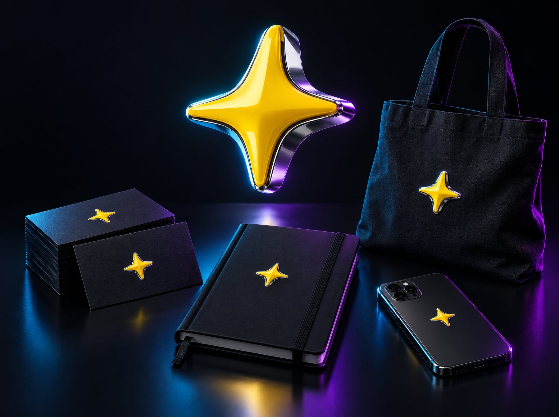3D brand identity reveal with a yellow star logo on black cards, notebook, tote bag and phone