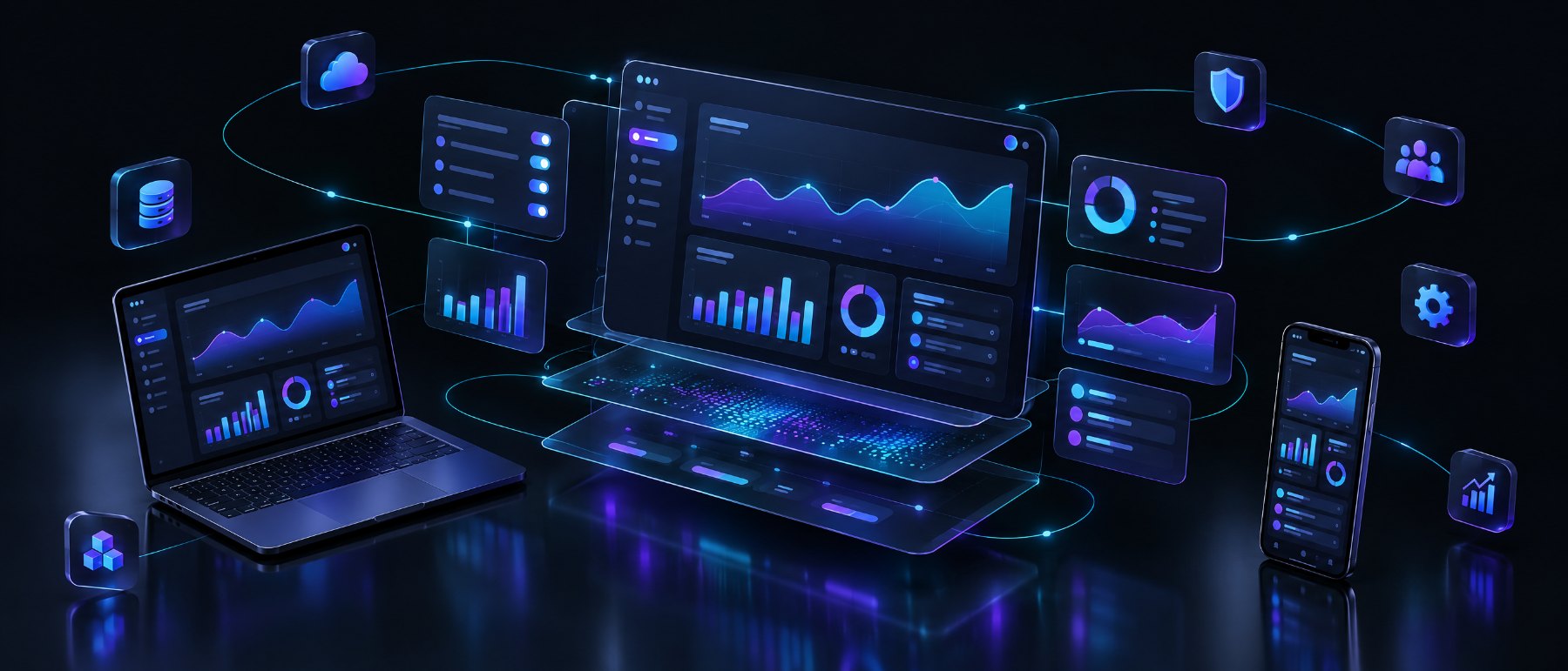 3D explainer visual of a dark-mode SaaS dashboard exploded into floating layers across laptop and phone